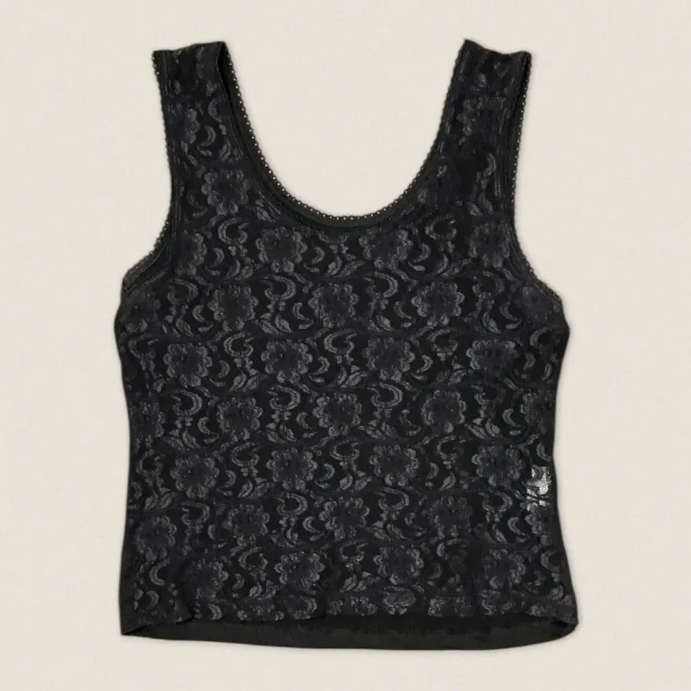 Vintage 90s Black Floral Lace Tank Top‎ Cinema Etoile - Size Large